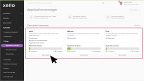 Educator account in Xello, on the Application manager page. The three cards under "Document requests" are highlighted. The names of the cards are "Initial", "Mid-year", and "Final".